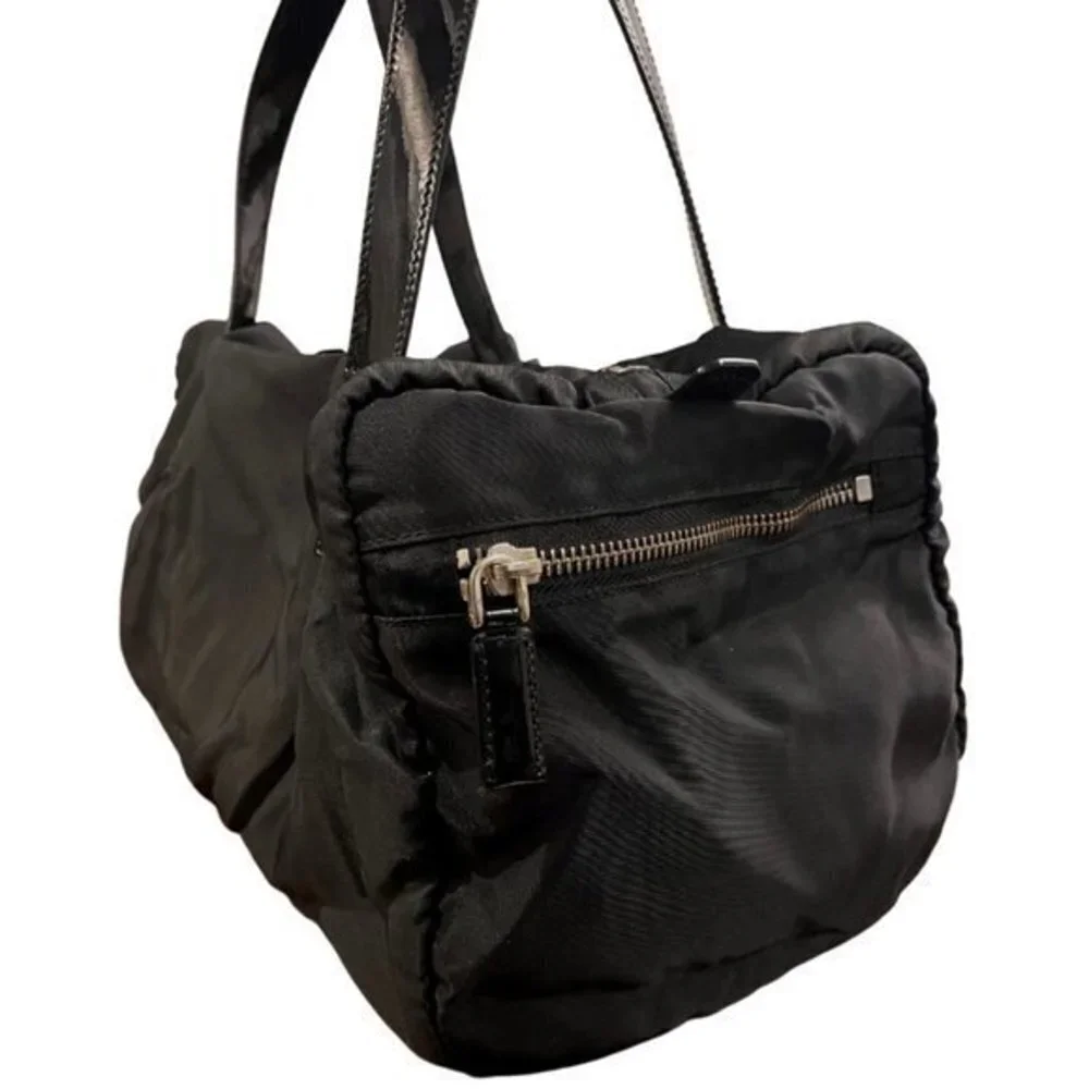 Vintage Prada Zip Satchel Tessuto in Black with Patent Leather Handles